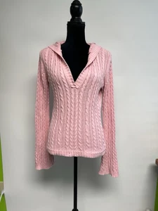 VTG Y2K Cable Knit Sweater L Pink Fitted V Neck Hooded Vampire Diaries Elena - Picture 1 of 13