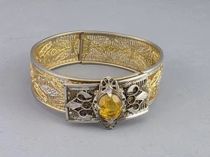 Brazalete de filigrana Samsan Art Deco años 30 cristal amarillo con bisagras firmado - Imagen 1 de 6