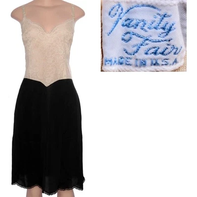 Vintage años 50 Vanity Fair Deslizamiento Completo Marfil Blanco Encaje Negro Nylon Tricot 40 Grande Foto 1 de 4