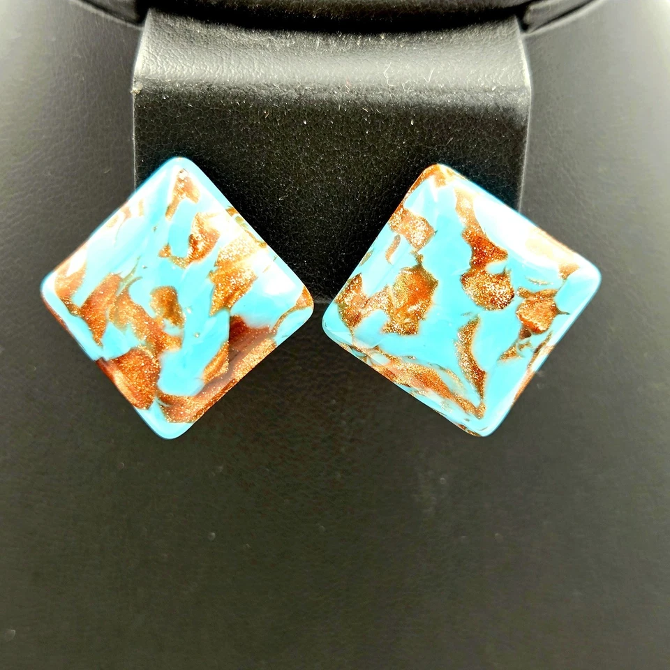 Квадратные серьги из муранского художественного стекла с голубым авантюриновым медным акцентом Италия - Изображение 1 из 4
