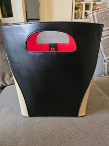 Ladies Bucket Bag Handbag Black & Cream With Red Lining - Picture 1 of 7
