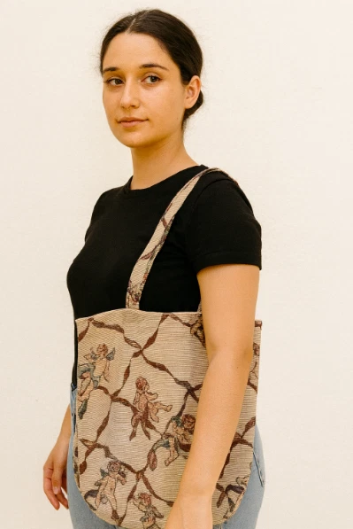 ВИНТАЖНЫЙ херувим ангел гобелен холст бежевый сумка с короткими ручками двойной ремни Snap 13 X 13 - Изображение 1 из 4