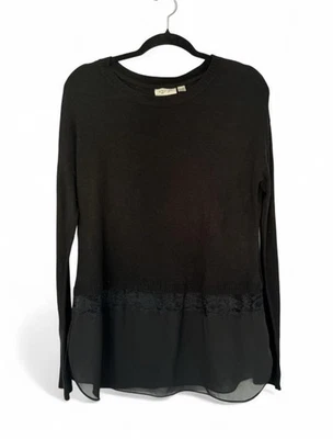Suéter Estilo RD Negro Dobladillo Transparente Talla M Borde de Encaje Manga Larga Tejido Top Foto 1 de 4