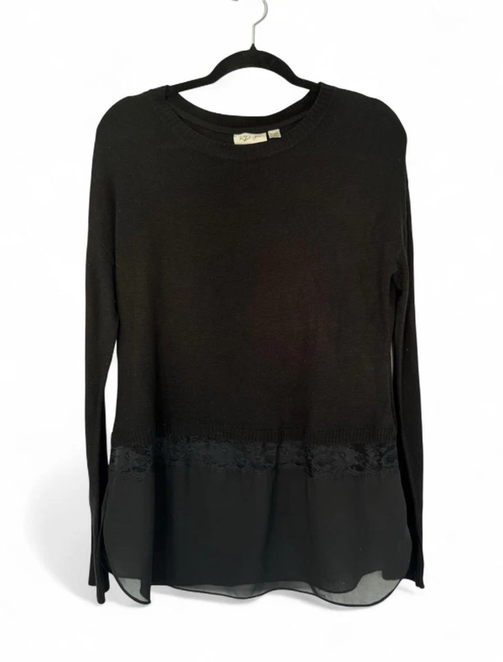 Suéter Estilo RD Negro Dobladillo Transparente Talla M Borde de Encaje Manga Larga Tejido Top Foto 1 de 4