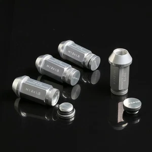 NRG T-7075 ALUMINUM OPEN END TUNER WHEEL LUG NUTS M12x1.5 SILVER 4 PC+DUST CAP - Picture 1 of 6