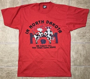 Vintage 80s North Dakota Party Cows Cartoon Art T-Shirt Men L Single Stitch - Picture 1 of 12