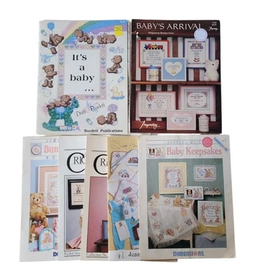 7 Vtg Baby Children Theme Cross Stitch Pattern Booklets Bibs Prayer Birth Record - Image 1 of 4