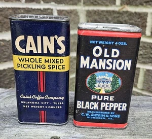 2 Vintage Spice Advertising Tins, CAIN'S Pickling & OLD MANSION Black Pepper - Picture 1 of 12