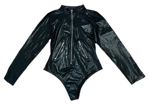 Black Faux Leather Zip Bodysuit Sz Small - Picture 1 of 4
