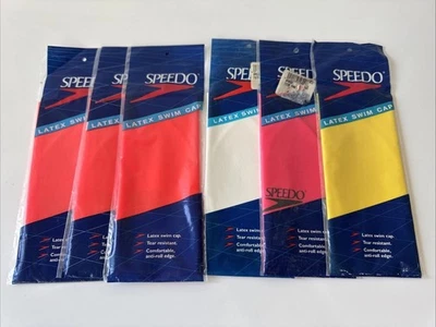 6 NUEVAS Gorras de Natación Speedo Vintage Naranja Blanco Rosa Amarillo Látex Nuevas Stock Antiguo Nuevas Foto 1 de 4