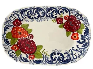 Laurie Gates Cottage Rose 16 x 11 in Handpainted Rectangle Serving Dish Platter - Picture 1 of 8