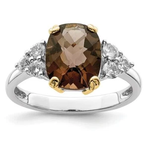 925 Sterling Silver Smoky Quartz White Topaz Ring - Picture 1 of 11