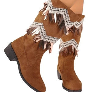 Women Suede Tassels Pull Up Block Mid Calf Booties US Size 7 Pointed Toe Shoes - Picture 1 of 7