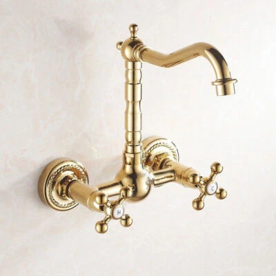 Luxury Gold Kitchen Faucet Swivel Vessel Mixer Dual Cross Handle Hole Wall Taps - Image 1 of 4