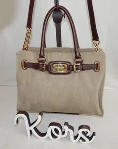 Michael Kors Handbag Purse Hamilton Canvas 35H1GHT3C Brown Tan Leather Tote Bag - Picture 1 of 13