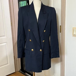 Vintage 80's Double Breasted Blazer Gold Buttons Shoulder Pads Silk Blend 8 - Picture 1 of 9