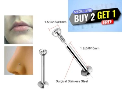 Labret Bar Helix Cartilage Tragus Lip Piercing Internally Threaded Nose Stud - Image 1 of 3