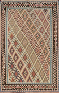 Antique Vegetable Dye Kilim Diamond Wool Hand-woven Ivory Reversible Rug 4x7 - Picture 1 of 14