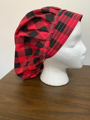 RED AND BLACK BUFFALO  CHECK BOUFFANT SURGICAL SCRUB HAT BOUFFANT,CHEMO, TECH - Image 1 of 2