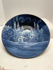 Hermosa bandeja de hojalata vintage de casa de invierno y montaña pintada a mano firmada como está - Imagen 1 de 9
