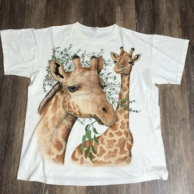 Vintage Giraffe T-Shirt Big Print Shirt One Size Fits All White Wildlife Nature - Image 1 of 4