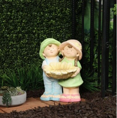 Мальчик и девочка держа подсолнух птица ванна, игривый ребенок статуэтка с птичьей ванной, 17" - Изображение 1 из 4