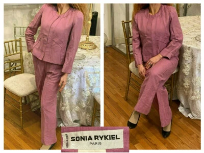VTG SONIA RYKIEL PARIS FRANCE ROSE  LINEN 2 PIECE PANT SUIT ENSEMBLE OUTFIT 38 S - Image 1 of 4