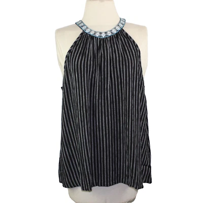 Haute Fox Top Black White Stripe Size 1X Lightweight Sleeveless Embroidered Neck - Image 1 of 4