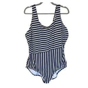 Lands End One Piece Swimsuit 24W Soft Cups Striped Navy Blue Plus Slimming - Picture 1 of 13