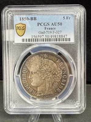 1850- BB Francia 5 Francos PCGS AU50 Gad-719 F-327 90% Plata Mundial 37mm Pop De 3! Foto 1 de 3