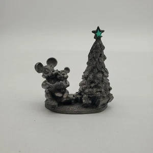 Vintage 2 Mice Reading Under a Christmas Tree Pewter Figurine - Picture 1 of 7