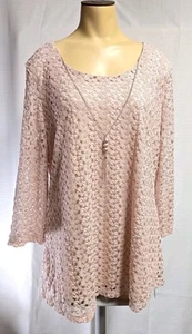 JM Collection Blouse Tunic Crochet Lace Y Necklace Silver Muave Pink 3/4 Sz L - Picture 1 of 9