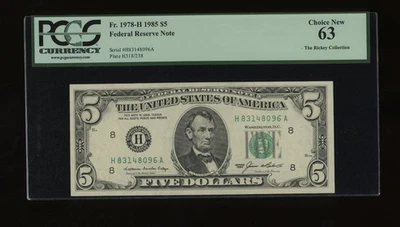 DBR 1985 $5 FRN St. Louis Fr. 1978-H PCGS 63 Serial H83148096A - Image 1 of 2