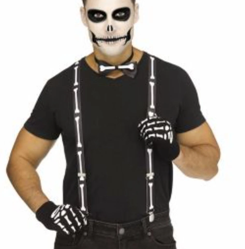 Kit de guantes y tirantes de Halloween espeluznante esqueleto blanco y negro LB1 Foto 1 de 1