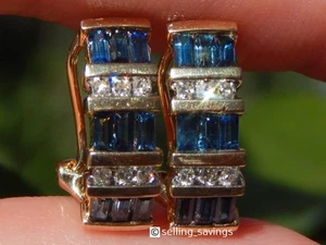 14K YELLOW GOLD SAPPHIRE & DIAMOND 6/10TH INCH OMEGA BACK HUGGIE EARRINGS - Picture 1 of 6