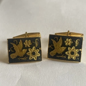Gemelos Vintage Damasceno Tono Negro y Dorado Pájaros Flores - Imagen 1 de 3