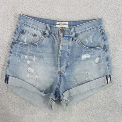 Pantalones cortos de mezclilla de tiro alto One Teaspoon Outlaws para mujer W26 azul claro desgastado Foto 1 de 4