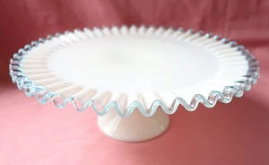 Vintage Fenton Light Blue Silver Crest Milk Glass Cake Stand Pedestal Ruffle 13" - Picture 1 of 13