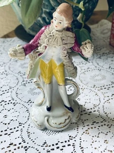 Vtg Hand Painted Porcelain Figurine Man Applied Lace Coat Victorian Style Japan - Picture 1 of 10