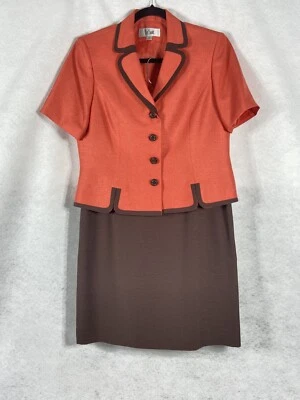 Le Suit 2PC 裙子套装女式 10 棕色橙色纽扣短袖斜纹布 — 第 1/4 张图片