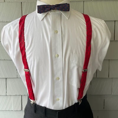80s Vintage Red Patterned Silk German Made Mens Clip Suspenders 39" Max - Image 1 of 4