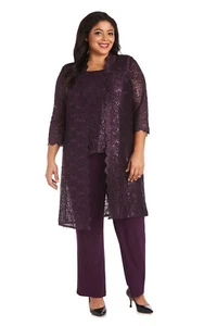 R&M Richards Plus Size Women's 3 Piece Scalloped Sequin Lace Pantsuit, PLUM, 16W - Picture 1 of 4