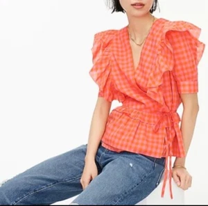 J.Crew Pink & Orange Gingham Cotton Ruffle Wrap Blouse Small - Picture 1 of 15