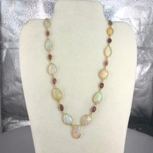 Ethiopian Opal &Pink Tourmaline Necklace 925 Sterling Silver Statement Necklace - Picture 1 of 10
