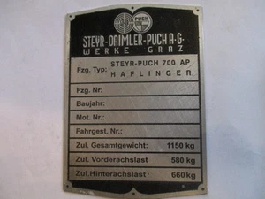 Typenschild  Steyer Puch haflinger  700 AP 700AP 1150 kg S93 - Picture 1 of 1