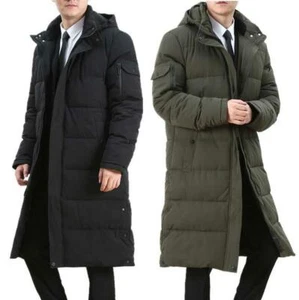 Men's Cotton Quilted Long Jacket Padded Coat Outwear Parka Hooded Overcoat - Picture 1 of 15