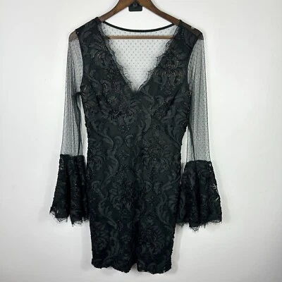 Venus Mini Dress Women L Bell Sleeve Sheer Lace Black Goth Boho Whimsigoth - Image 1 of 4