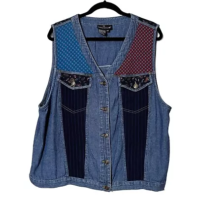 Carole Little II mixed media chambray denim vest women's 16W paisley striped vtg - Image 1 of 4