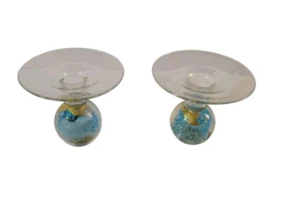 Candelabros de vidrio artístico Roger Nachman vidrio soplado a mano hoja dorada azul  Foto 1 de 4