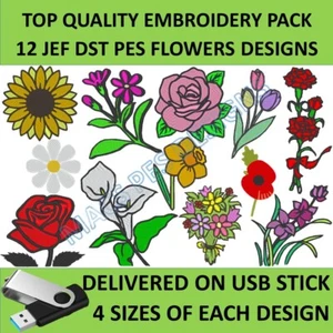 12 Flowers PES JEF DST embroidery designs on usb. Brother Machine, Embroidery - Picture 1 of 1